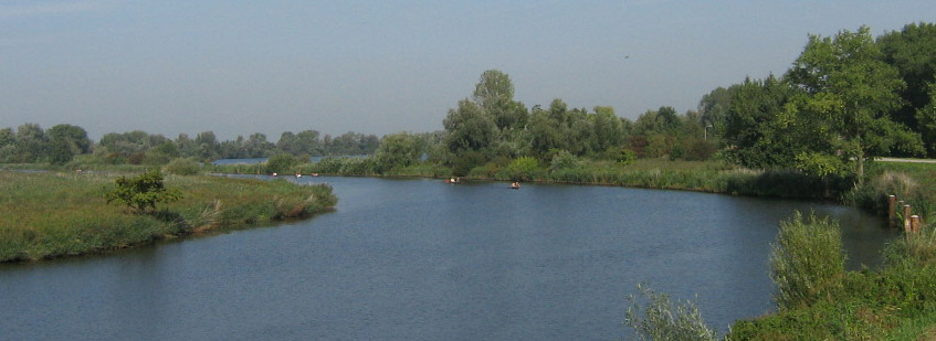 Een uitzicht over de oevers van de Linge met kanovaarders